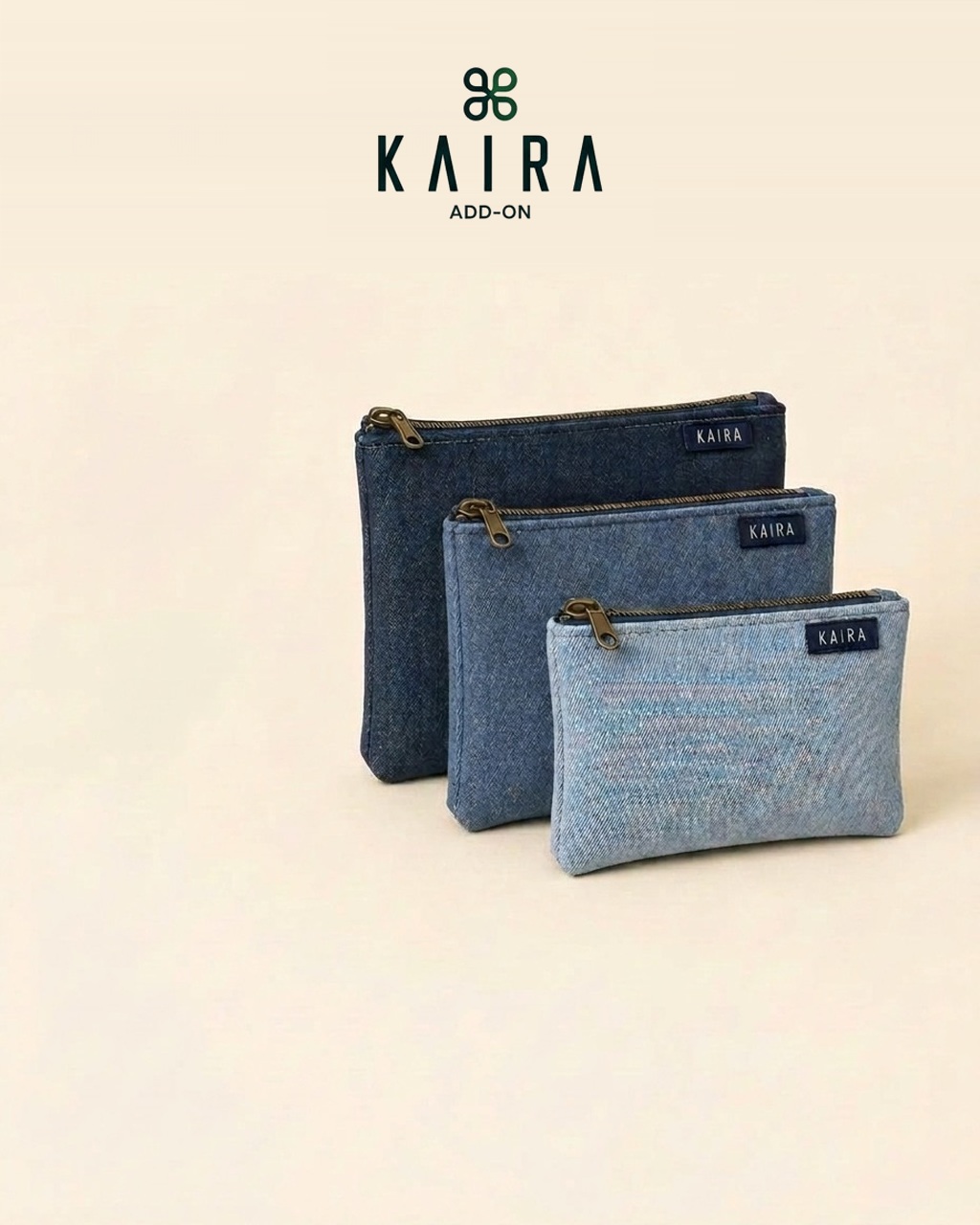 KAIRA.ADDON set of three upcycled denim zip pouches in graded blue washes