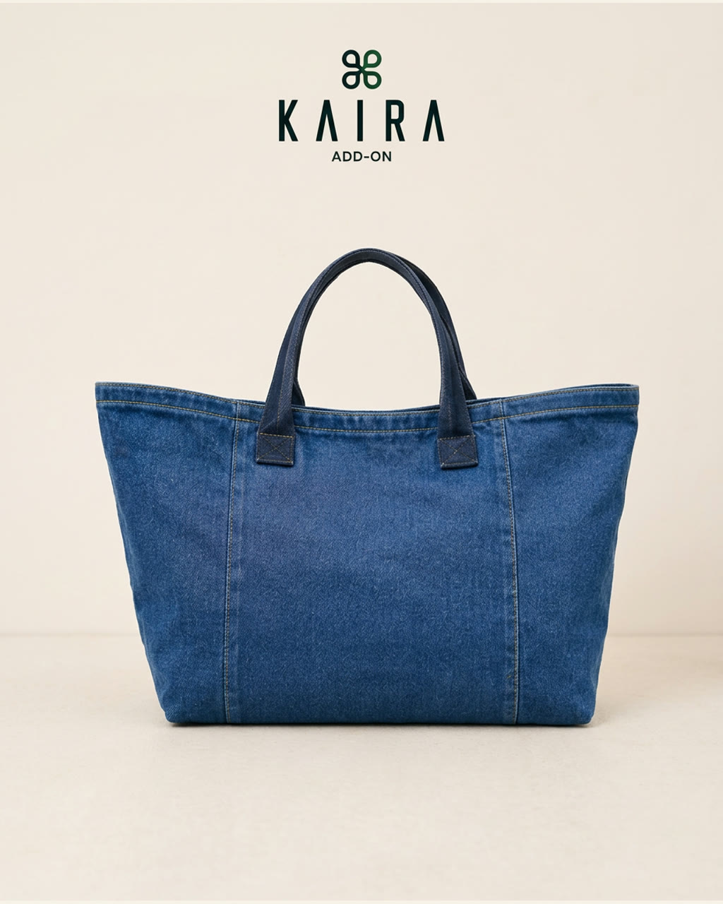 KAIRA.ADDON Denim Tote Bag in mid-wash upcycled denim with a wide opening and reinforced twin handles
