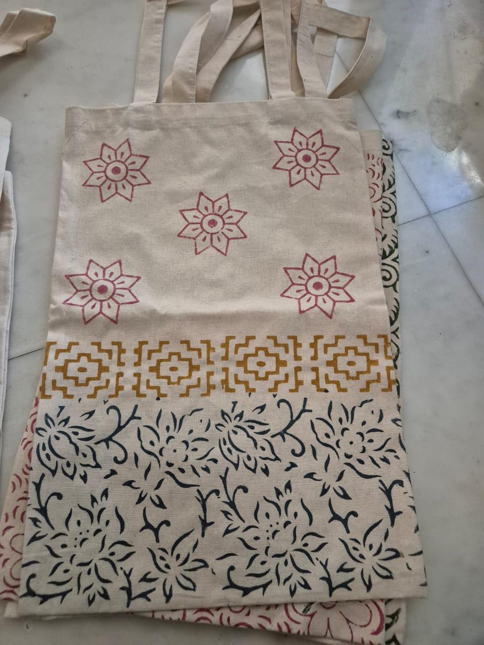 Cotton tote bag with pink floral and indigo block-printed panels