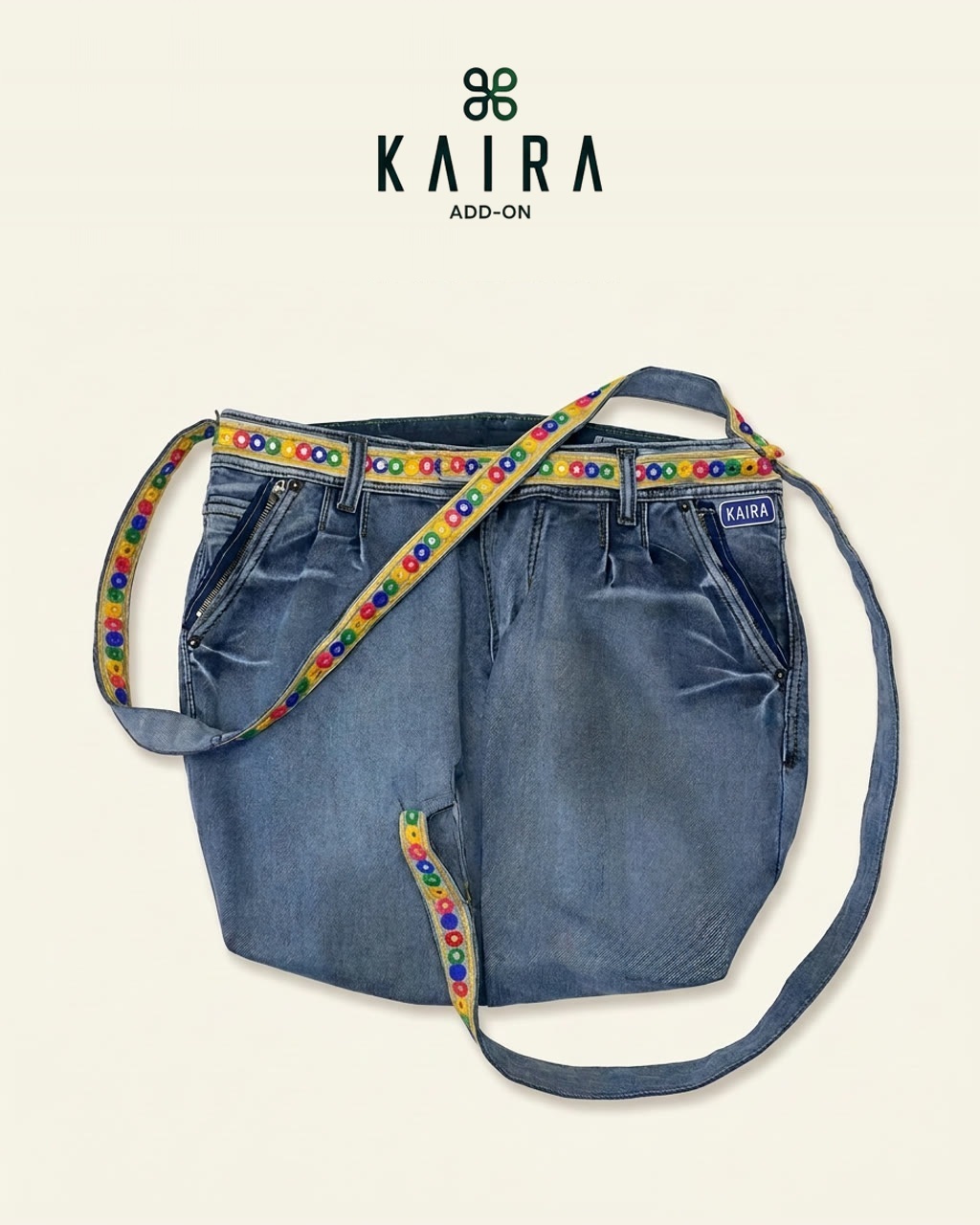 KAIRA.ADDON Denim Sling Bag with twin zip pockets and a colourful hand-embroidered shoulder strap